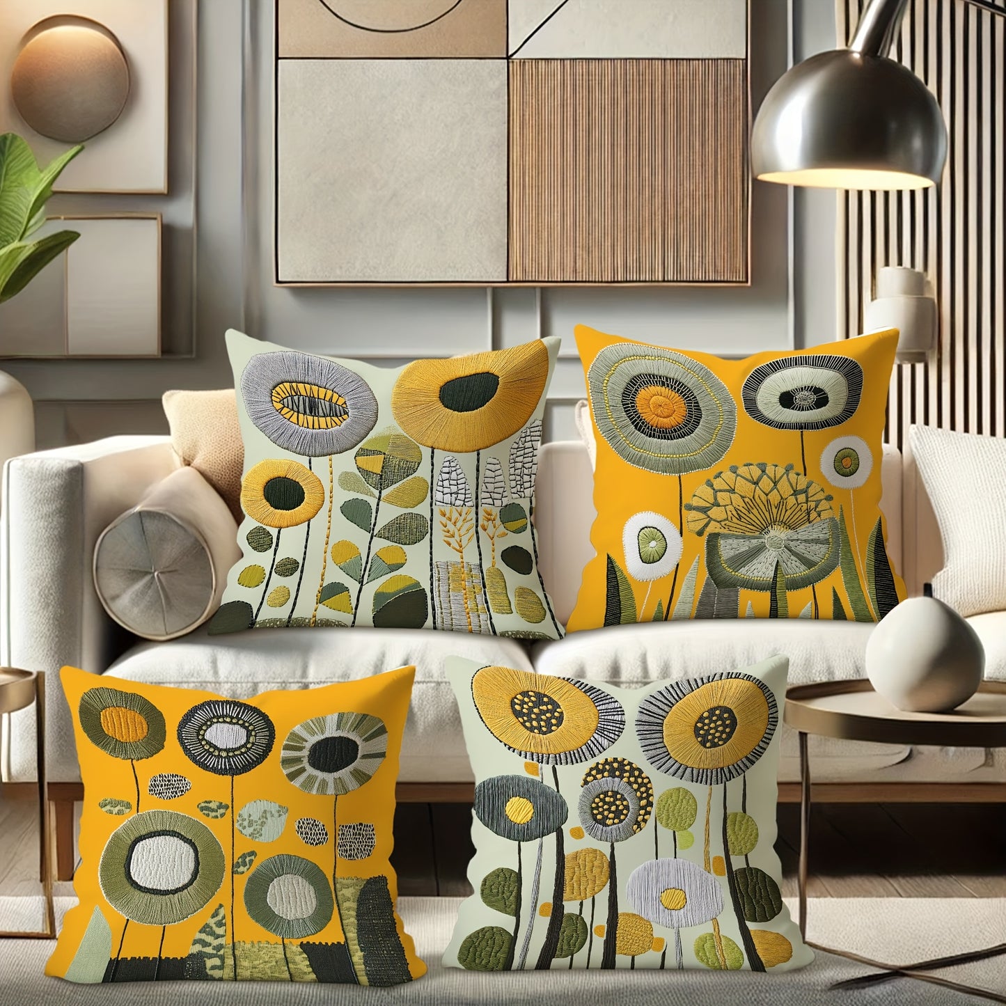 4 Floral Throw Pillow Covers - Modern French Country Decor Cushion Cases with Zipper Closure, Mustard Yellow, Olive Green, Grey - Soft Polyester Pillow Shams for Sofa, Bed, Living Room - Machine Washable Home Decor Accents (N