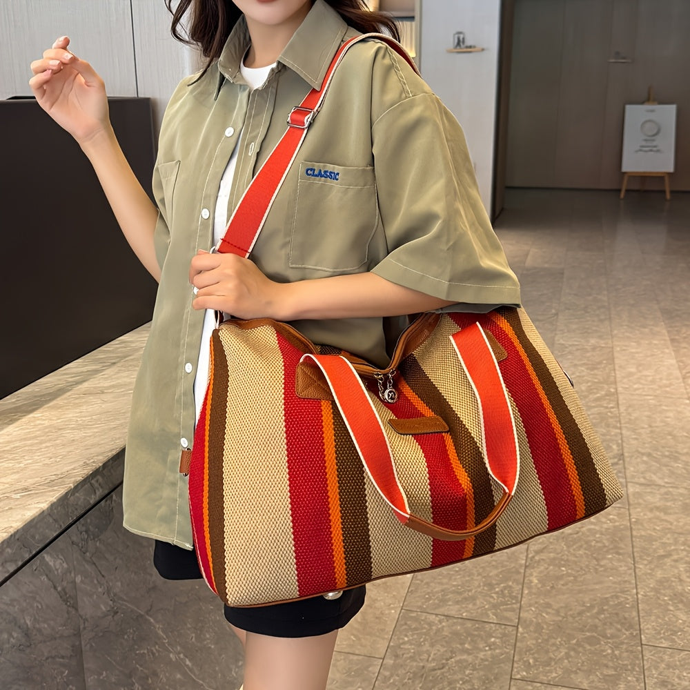 HUOHUO Women's Large Capacity Retro Striped Travel Handbag & Carry-On Luggage - Lightweight Nylon Suitcase with Adjustable Strap, Golden-Tone Hardware, Zipper Closure & Lining - Casual & Formal Use for Airplane, Train, Car Tr