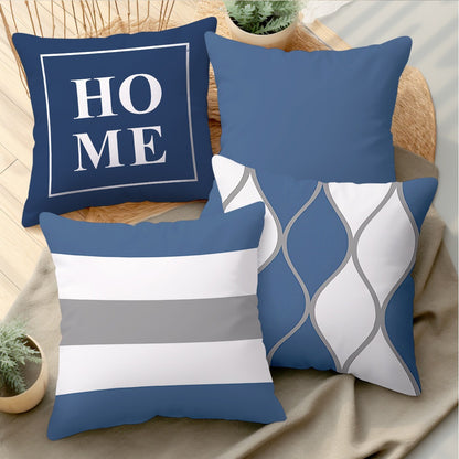 4pcs Navy Blue & White Geometric Throw Pillow Set - Modern Contemporary Cushion Covers with Grey Accent, Soft Plush Texture, Zipper Closure, Hand Wash Only for Sofa, Bed, Chair - Navy Blue Home Decor in Neutral Tones (Beige,