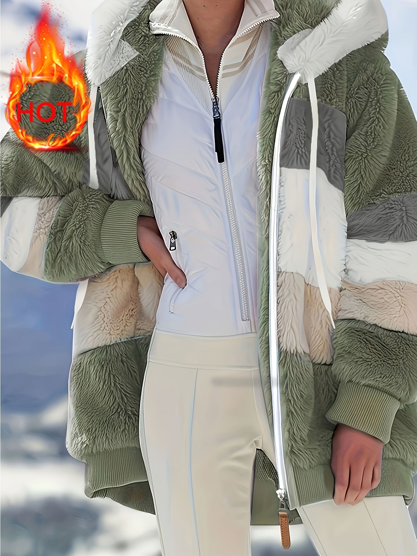 Women's Plush Faux Fur Hooded Jacket - Loose Fit Color Block Coat with Blue/Beige/White/Black Design, Long Sleeve Winter Warmth, Machine Washable for Casual & Formal Outfits, Ladies Winter Coats, Autumn Layering Piece, Formal
