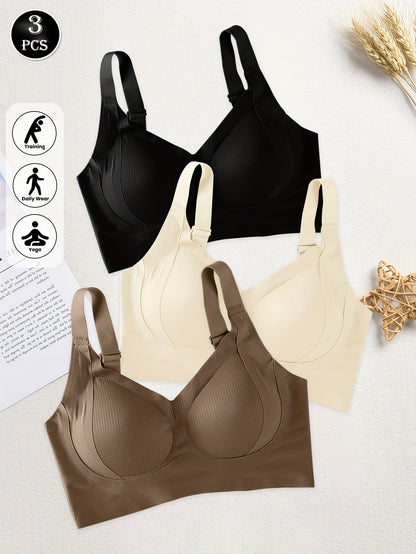 3pcs Women'S Seamless Sports Bras, Wire-Free Push-Up Bra with Full Coverage Back, Smooth and Sexy Underwear for Gym, Yoga, and Casual Wear, Yoga Apparel, Vneck Design, Medium Elasticity, Wireless Bra For Women, Freedaily, Spo