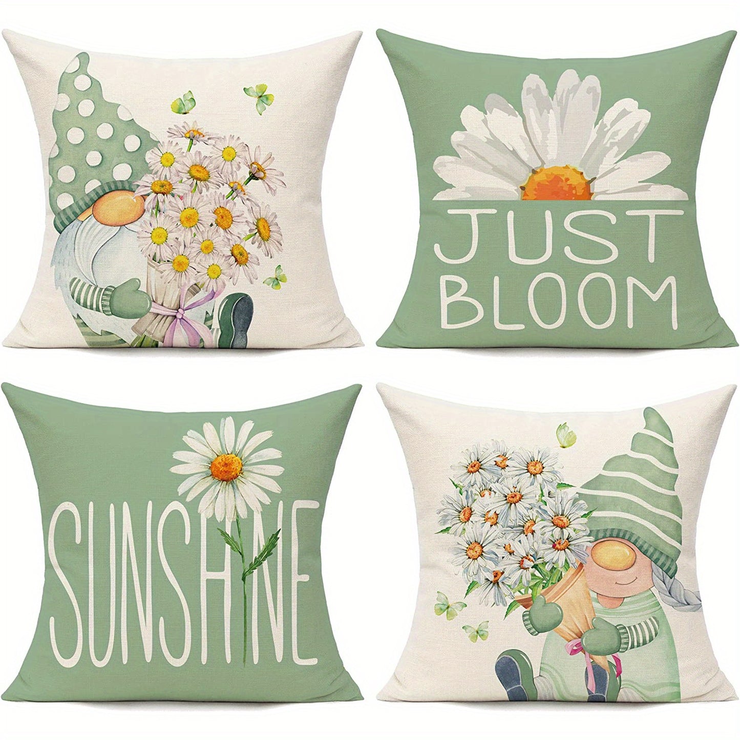 Conjunto de 4 capas de almofada com estampado de gnomos e margaridas, perfeitas para a primavera. Ideais para sofá, varanda, bancos e outros móveis. Não inclui enchimento. Dimensões: 45,72 x 45,72 cm.