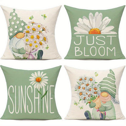 Conjunto de 4 capas de almofada com estampado de gnomos e margaridas, perfeitas para a primavera. Ideais para sofá, varanda, bancos e outros móveis. Não inclui enchimento. Dimensões: 45,72 x 45,72 cm.