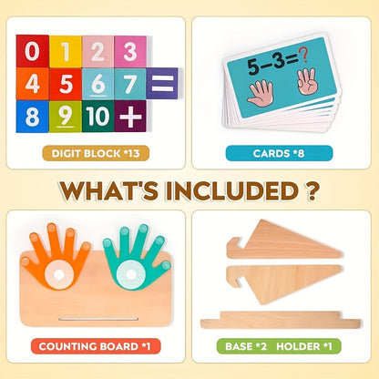 1 counting board, 13 digit blocks, 10 cards, 2 bases, 1 bracket to cultivate cognitive abilities, mathematical operations, addition, subtraction, and matching, Halloween, Christmas, and New Year gifts