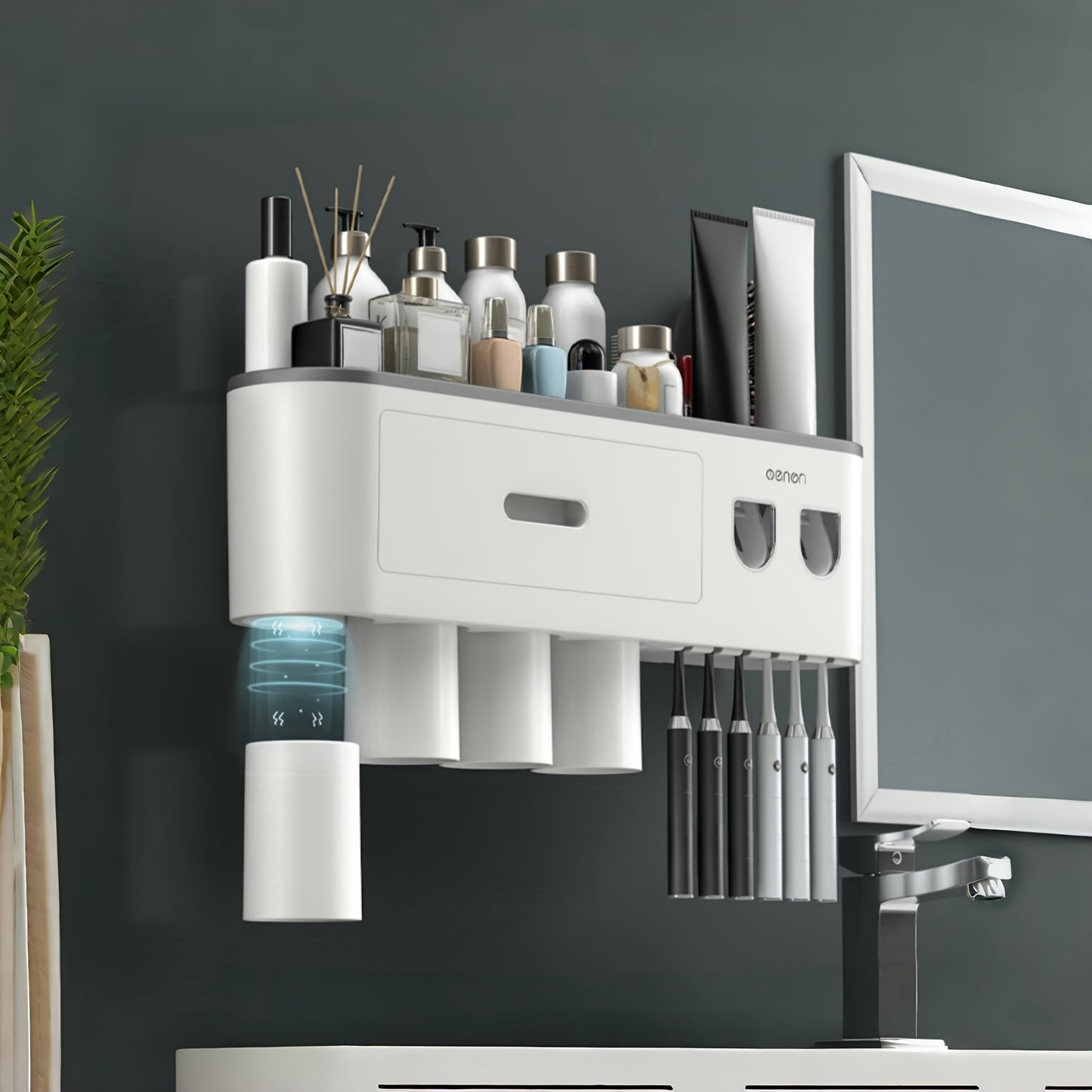 No Drill Adhesive Wall-Mounted Modern White Bathroom Organizer Set with 2-in-1 Magnetic Toothpaste Dispenser & Multi-Tier Storage Shelf - Space-Saving Over Sink Organizer with Suction Cup Hooks, Durable Plastic Construction f