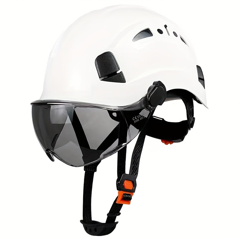 Capacete de segurança ajustável com viseira integrada - Plástico ABS durável, design ergonómico para utilização na construção civil e indústria, branco, equipamento de segurança para a construção, acabamento brilhante elegante, tiras de ajuste seguro.