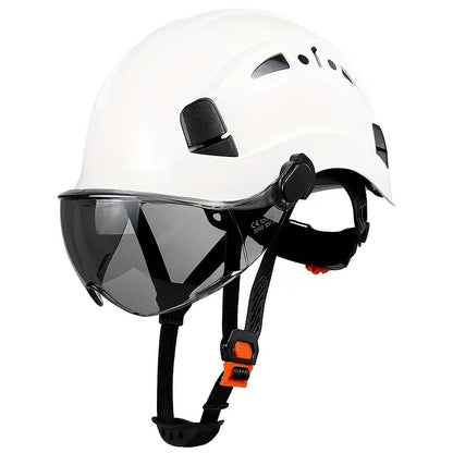 Capacete de segurança ajustável com viseira integrada - Plástico ABS durável, design ergonómico para utilização na construção civil e indústria, branco, equipamento de segurança para a construção, acabamento brilhante elegante, tiras de ajuste seguro.