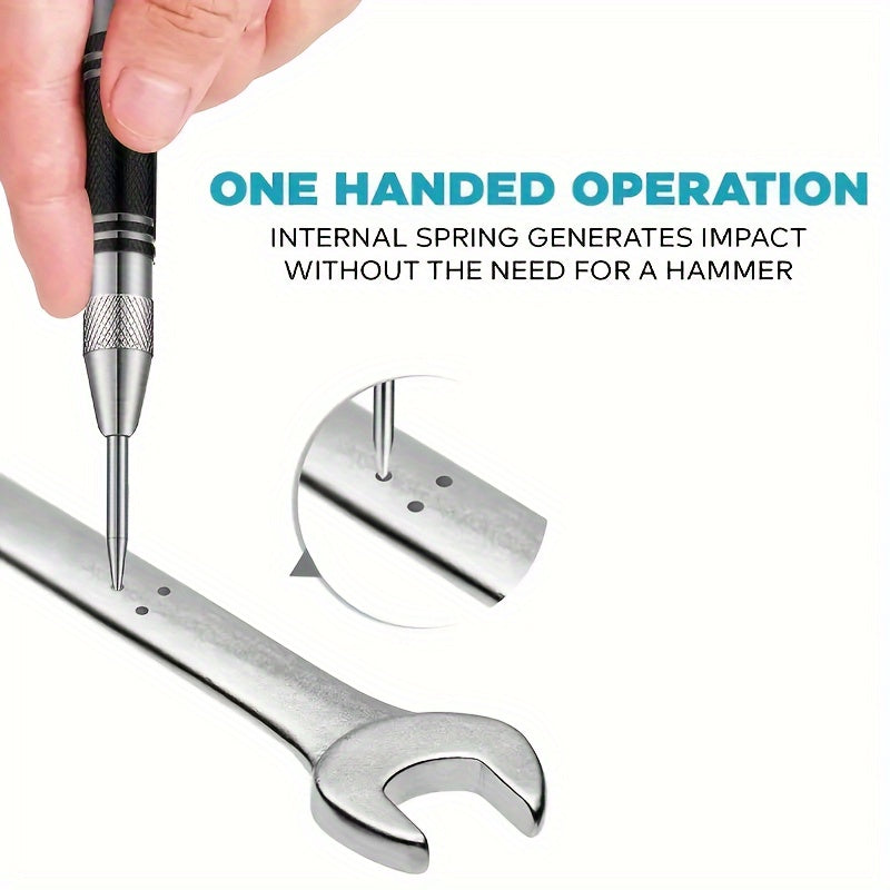 KeraForm Automatic Center Punch with 2 Extra Tips - 5-Inch Heavy Duty Steel Spring Loaded Punching Tool, Adjustable Tension, Rust Resistant, Polished Finish, Round Head for Metal, Wood, Glass - Iron Material