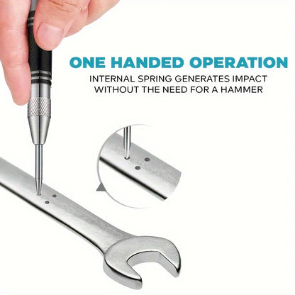 KeraForm Automatic Center Punch with 2 Extra Tips - 5-Inch Heavy Duty Steel Spring Loaded Punching Tool, Adjustable Tension, Rust Resistant, Polished Finish, Round Head for Metal, Wood, Glass - Iron Material