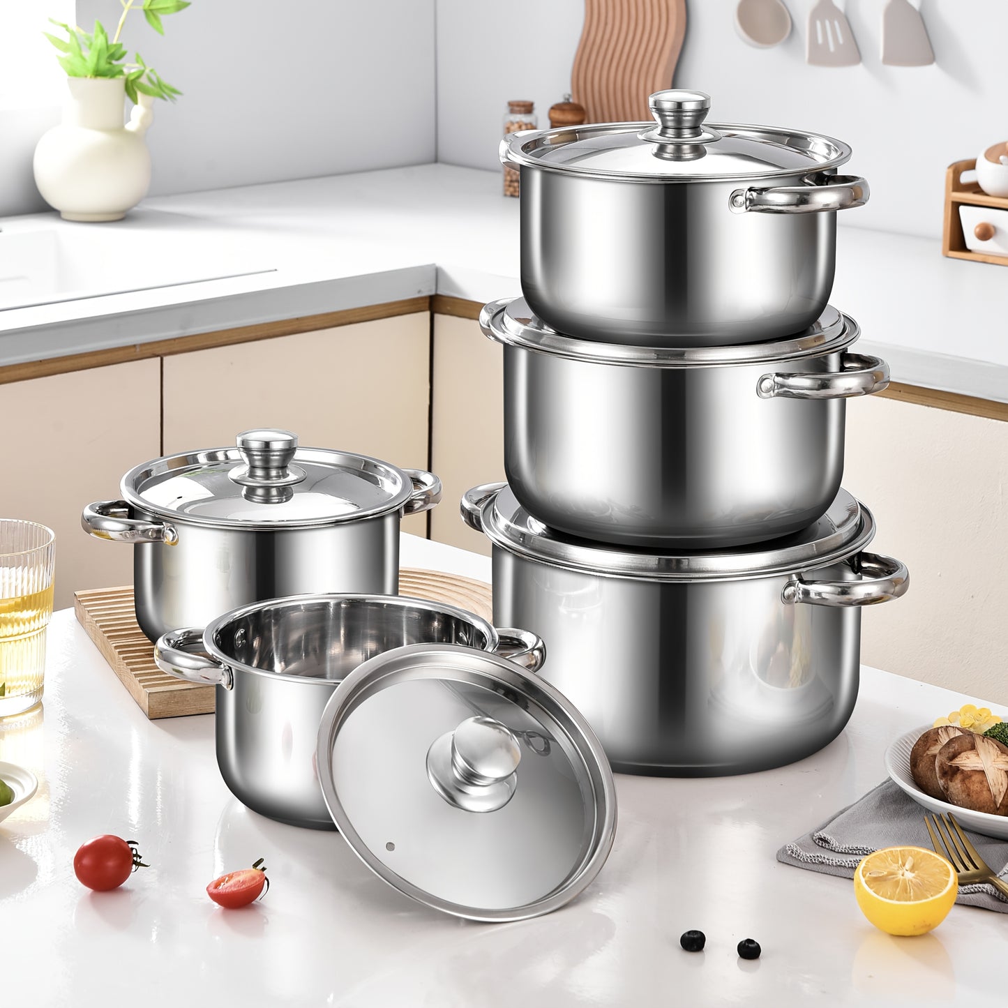10pcs Stainless Steel Cookware Set, 3.5kg High-Quality, Deep Sided Pots with Lids, Dual Handles, Compatible with Electric Stoves, Ideal for Home and Restaurant Cooking, Suitable for Soup, Hot Pot, Pasta, Seafood Stew