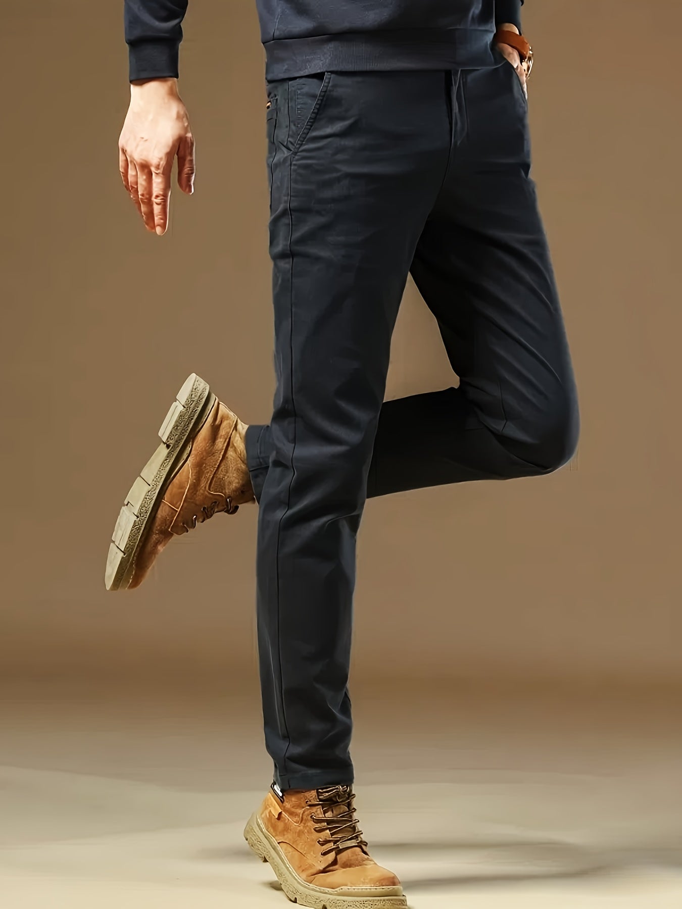 Men's Solid Navy Blue Straight-Leg Dress Pants - All-Season Full-Length Formal & Business Casual Trousers with Zipper Closure, Machine Washable, Durable Comfort Fit for Office, Semi-Formal & Casual Attire - Versatile Solid Co