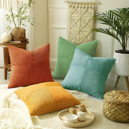 4pcs Bohemian Style Patchwork Textured Gradient Throw Pillow Covers, 30.48cm*50.8cm, 45.72cm*45.72cm, Soft Corduroy Decor Cushion Covers in Green, Orange, Teal, Yellow, Zip Closure, Hand Wash Only, Polyester Fiber, Farmhouse