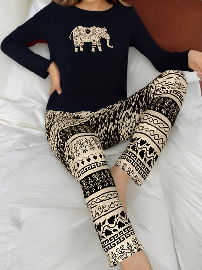 Simple Elephant Pattern Women's Pajama Set with Long Sleeves