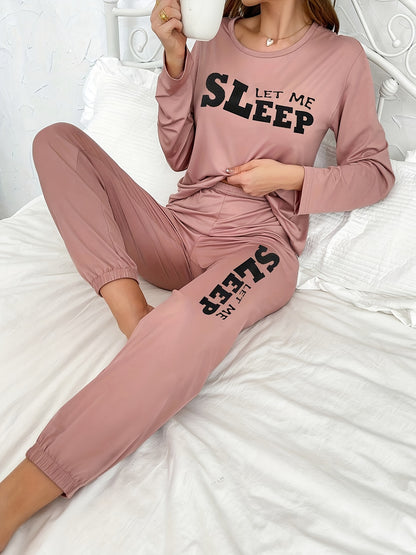 Pijama de senhora de outono e inverno, com mangas compridas e calças compridas, estampado de letras em estilo cartoon, conjunto casual para usar em casa em todas as estações.
