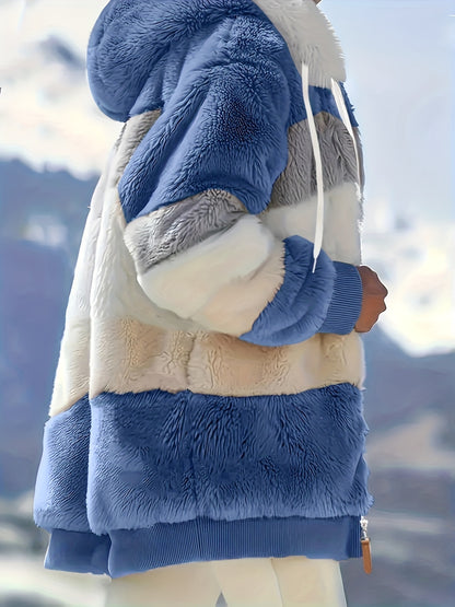 Women's Plush Faux Fur Hooded Jacket - Loose Fit Color Block Coat with Blue/Beige/White/Black Design, Long Sleeve Winter Warmth, Machine Washable for Casual & Formal Outfits, Ladies Winter Coats, Autumn Layering Piece, Formal