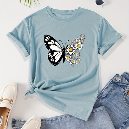 Women's Casual Butterfly & Daisy Floral Print Round Neck T-Shirt - Olive Green, Machine Washable, Regular Fit for Casual Attire, Allseason Fashion, Relaxed Style, Nontransparent Fabric
