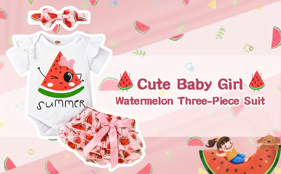 Conjunto de Roupa Infantil para Bebé Menina com Estampado de Abacate: Macacão, Calções e Fita para o Cabelo - 3 Peças - Ideal para o Verão e Atividades ao Ar Livre