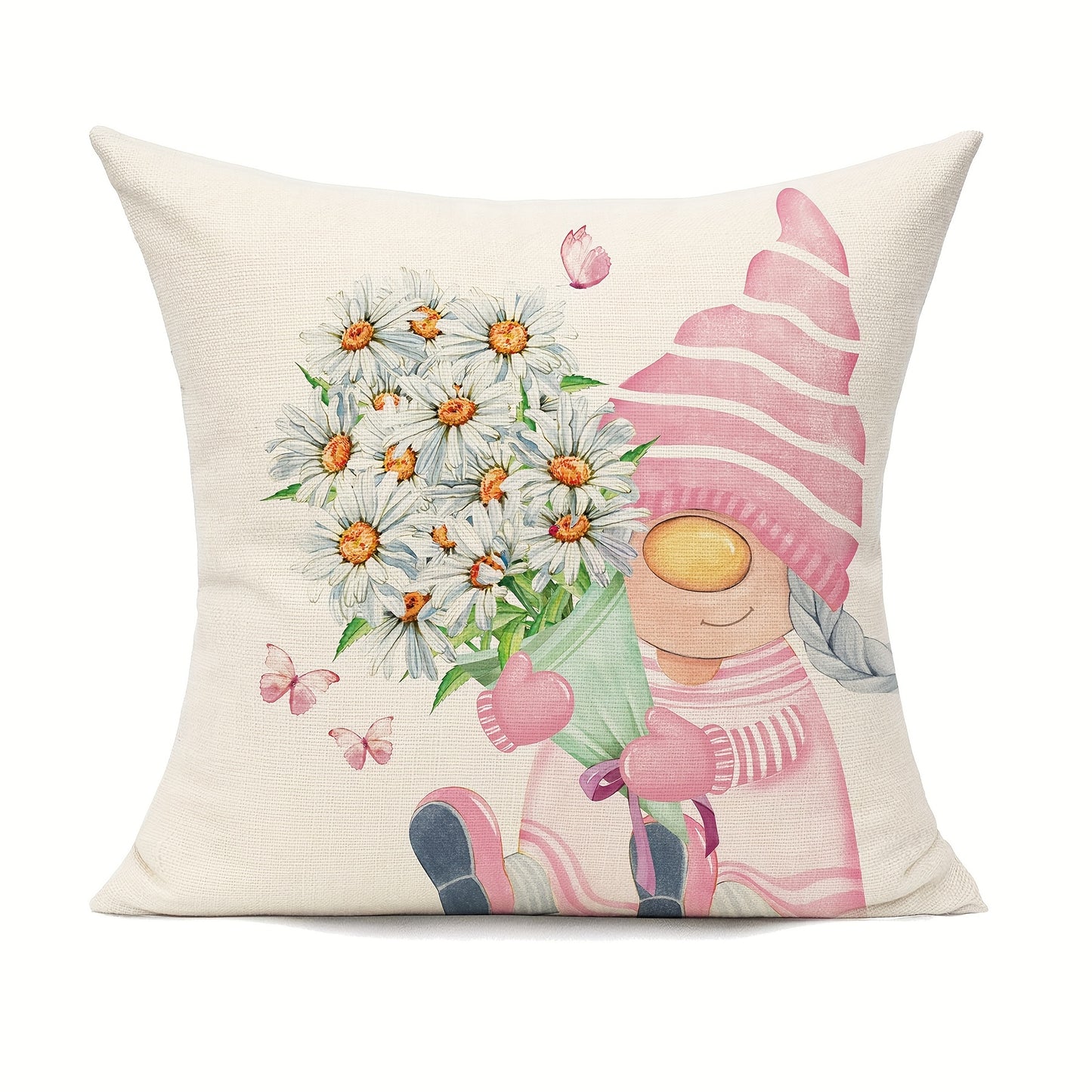 Conjunto de 4 capas de almofada com estampado de gnomos e margaridas, perfeitas para a primavera. Ideais para sofá, varanda, bancos e outros móveis. Não inclui enchimento. Dimensões: 45,72 x 45,72 cm.