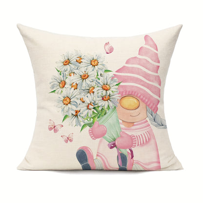 Conjunto de 4 capas de almofada com estampado de gnomos e margaridas, perfeitas para a primavera. Ideais para sofá, varanda, bancos e outros móveis. Não inclui enchimento. Dimensões: 45,72 x 45,72 cm.