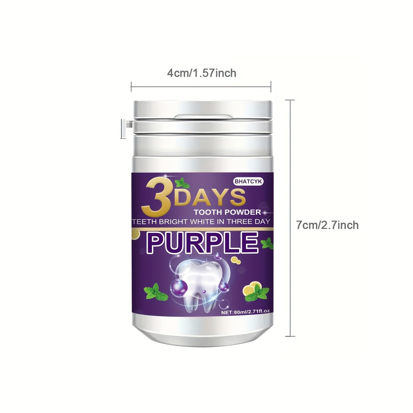 BHATCYK 3 Days Purple Teeth Whitening Powder, Fresh Mint Flavor, 80ml/2.71oz, Teeth Polishing and Deep Cleaning Powder for Brighter Smile, Suitable for Daily Use and Travel