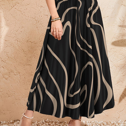 Women's Elegant Midi Skirt with Elastic Waistband - Black & Beige Geometric Print A-Line Skirt, 120g Fabric for Casual, Office & Vacation Wear - Machine Washable, Comfortable Fit