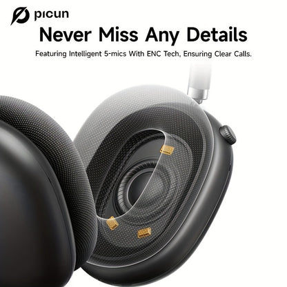 Picun F8 Pro Wireless Over-Ear Headphones with 52dB Hybrid ANC, Hi-Res Audio, Detachable Fabric Ear Cushions, Smart 5-Mic ENC, 140-Hour Standby, and Seamless Dual-Device Connectivity, Black, Wireless Headphones, Modern Headph