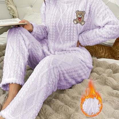 Pijama de menina em pelúcia para o outono e inverno - Conjunto com blusa de manga comprida em veludo coral grosso, gola redonda e calças. Estampado fofinho de ursinho bordado, ideal para o dia a dia. Roupa casual e confortável.