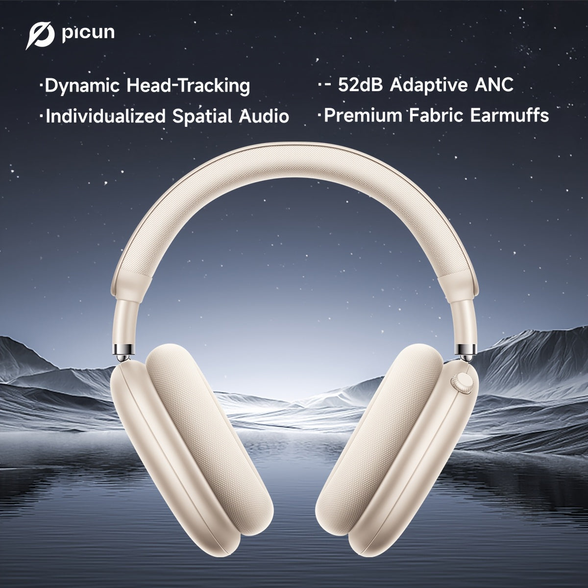 PICUN Wireless Headphones with Dynamic Head Tracking, -52dB ANC Noise Cancellation, 140Hrs Battery Life, Wireless 5.4, Wired/Wireless Switch, Double Connection & Multi-Mode Audio, Closed-back Design, Plastic Material, Compati