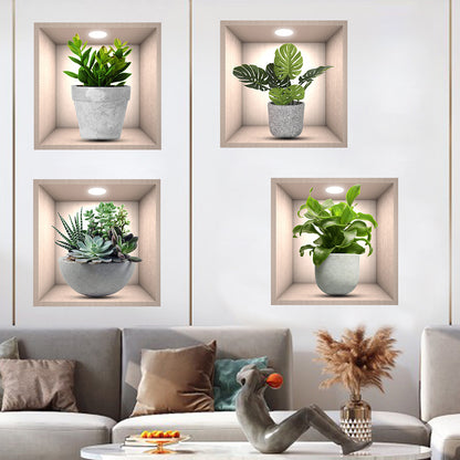 4pcs Plant Decor Stickers, PVC Wall Stickers For Living Room, Bedroom, Office, Self-adhesive Home Decor Stickers