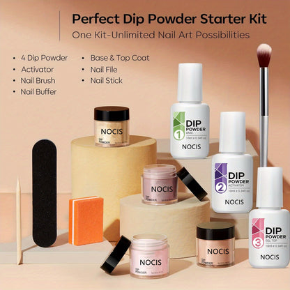 11Pcs/Set Dip Powder Nail Kit Starter 4 Colors Nude Skin Tone Golden Glitter Neutral Acrylic Dip Powder Liquid Set With Base Coat And Top Coat Activator For French Manicure Salon
