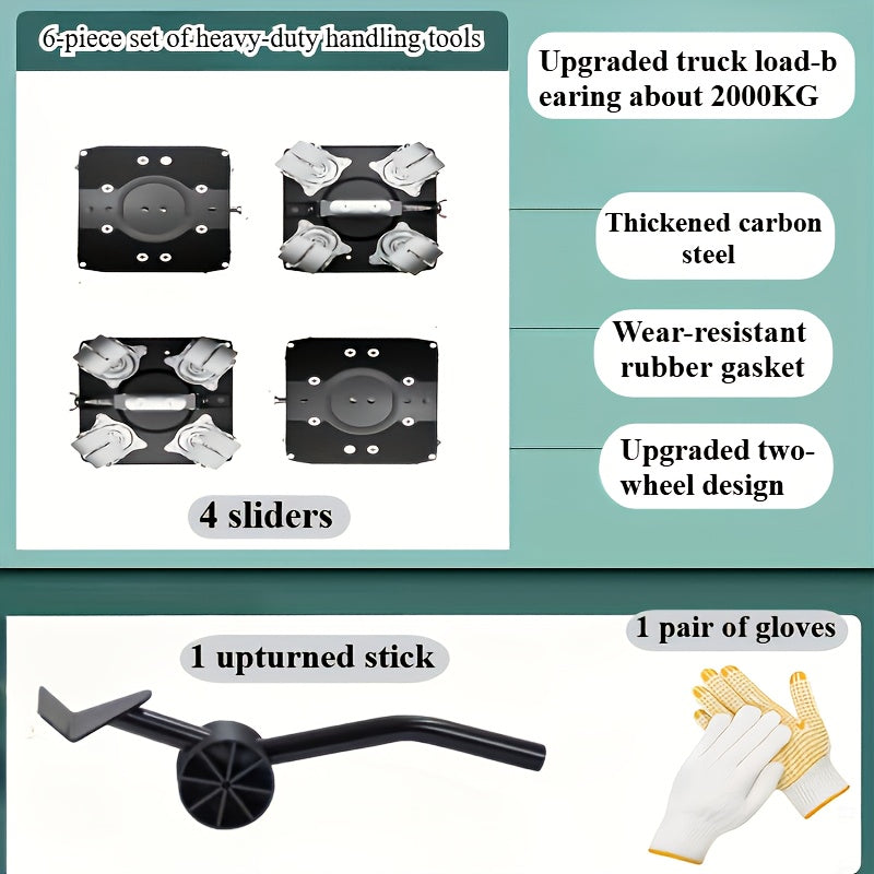 6-Piece Upgraded Furniture Dolly Set, Includes 4 Furniture Movers with 4 Wheels, 1 Pry Bar, 1 Pair of Gloves, Carbon Steel Panel Heavy-Duty Dolly, Furniture Lifter with 4 Universal 360° Swivel Rubber Wheels, Max Load 999.72