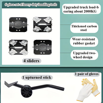 6-Piece Upgraded Furniture Dolly Set, Includes 4 Furniture Movers with 4 Wheels, 1 Pry Bar, 1 Pair of Gloves, Carbon Steel Panel Heavy-Duty Dolly, Furniture Lifter with 4 Universal 360° Swivel Rubber Wheels, Max Load 999.72