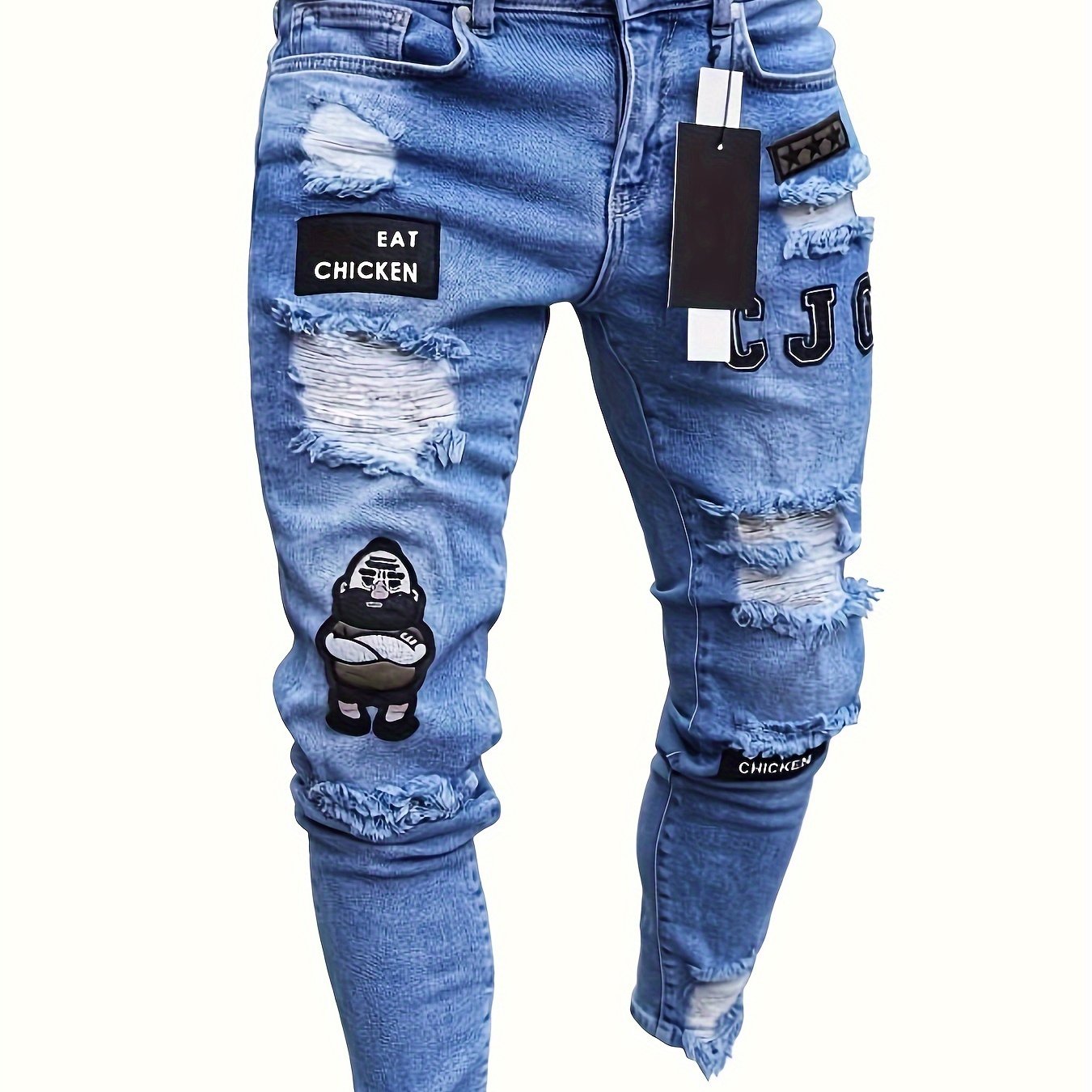 Men Fashion White Ripped Distressed Destroyed Washed Denim Jeans Ripped Slim Fit Wild Jeans White Denim Pants