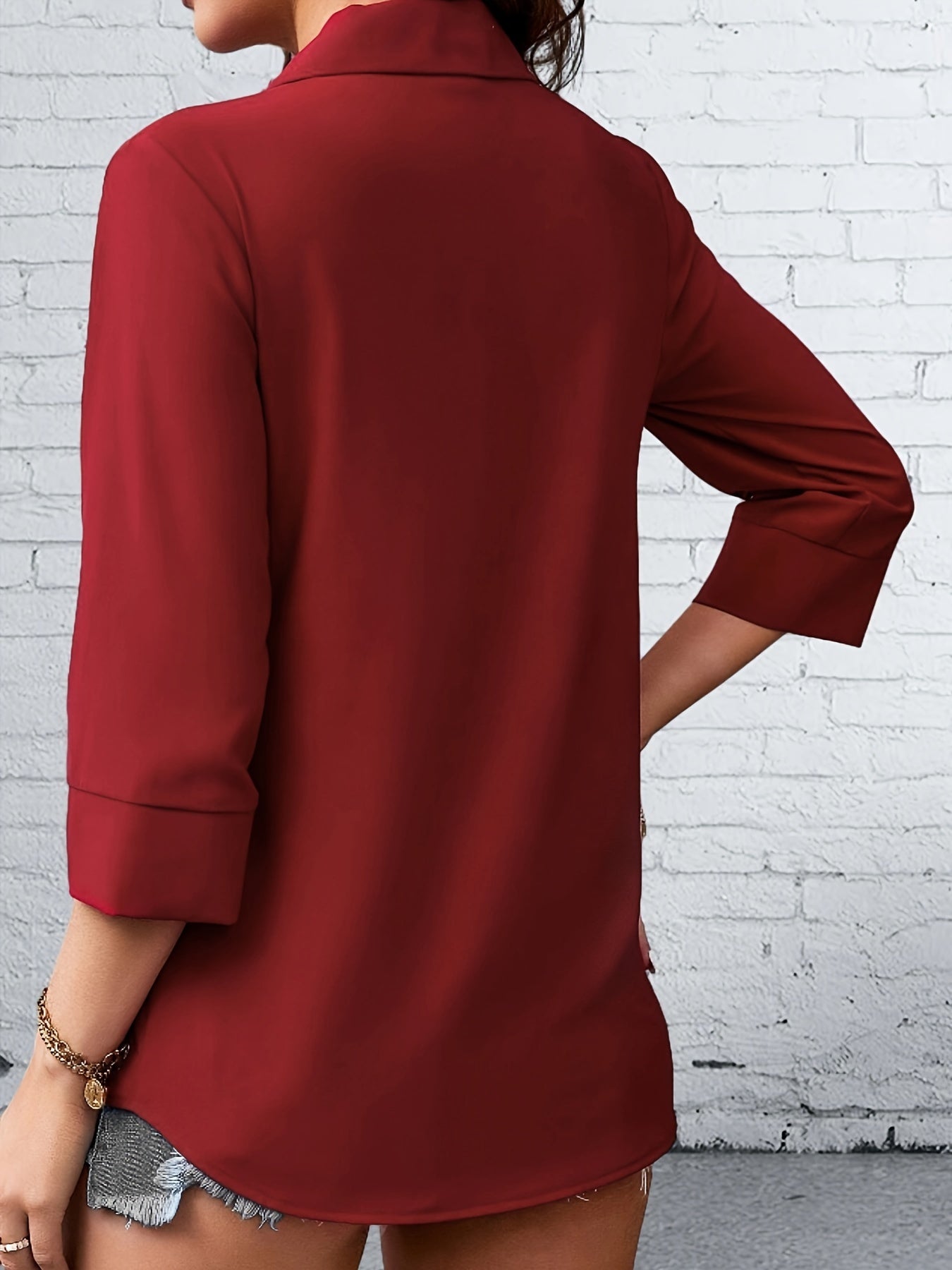 Solid V Neck Blouse, Elegant 3/4 Sleeve Blouse For Spring & Fall, Women's Clothing