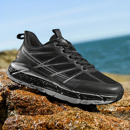 Men's All-Season Breathable Sneakers - Non-Slip Cushioned MD Sole, White/Gray/, Lace-Up Mid-Top Sneakers for Running, Gym, Hiking, Everyday - Extended Sizes Available, Outdoor Activities, Geometric Pattern, Secure Fit, Versat