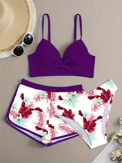 Floral Leaf Print Stretchy 3 Piece Set Swimsuits, Cross Spaghetti Strap Push Up Bikini & Boxer Shorts, Women's Swimwear & Clothing