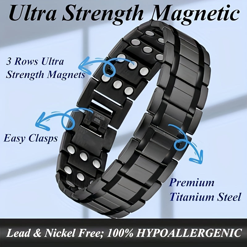 1pc Men's Titanium Steel Magnetic Bracelet with 3500 Gauss Magnets – Black Textured Design, Stylish Father's Day Gift for Men, Wellness Accessory | Sophisticated Style | Durable Jewelry, Magnetic Jewelry