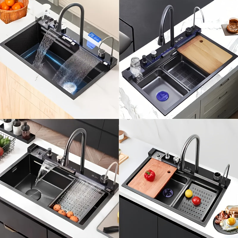 A Single-bowl Design Named 'Whale Rainfall Kitchen Sink' For Halloween And Christmas, Crafted From 304 Nanometre Stainless Steel. Features A Digital Display And Embossed Texture, Complete With Tap. Drainage Outlet Positioned