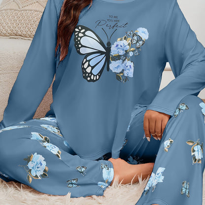 Adult Butterfly Print Pajama Set - Casual Spring/Fall Polyester Knit Fabric, Elasticity, Long Sleeve Pants, Home Pajama Set for Adults