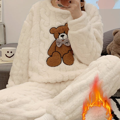 New Autumn and Winter Thick Warm Pajama Set with Jacquard Velvet Long-Sleeve Bear Top and Flannel Pants for Winter