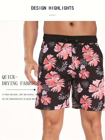 Men's Quick-Dry Beach Shorts with Tropical Palm Tree & Palm Leaf Print - Breathable Stretch Fabric for Summer, Outdoor, Hiking, Swimming - Machine Washable Casual Athletic Shorts, Outdoor Activewear, Summer Shorts