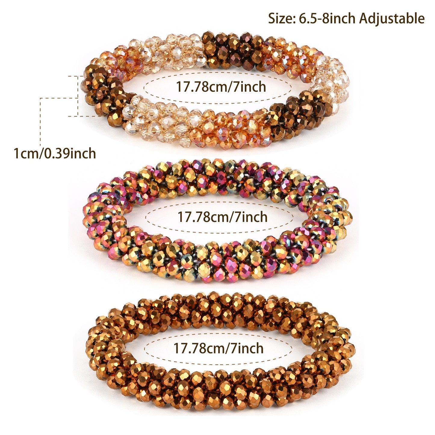 Esbbela 3pcs Bracelet Set Holiday Gift Beaded Artificial Crystal Stackable Strap Set with Elasticity Suitable for Women Men 16.51-20.32 cm Daily Vacation