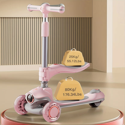 Kids Scooter with Foldable Seat & 2-in-1 Sit & Stand Modes, 5-Level Adjustable Handlebar, Pink with LED Lights & Music, 2-Wheel Stability, Front Brakes & Rear Suspension, Heavy-Duty Construction for Boys & Girls 3-12 Years (B