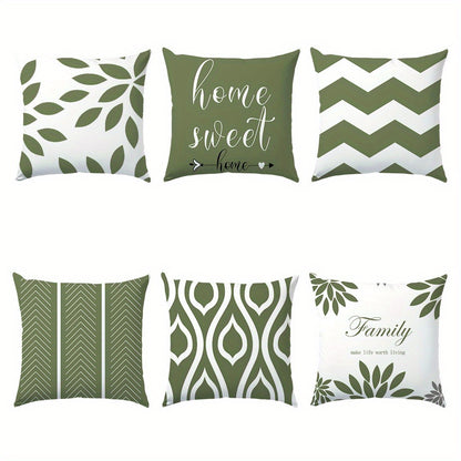 Conjunto de 6 fronhas com estampado geométrico de folhas verdes, impressão num dos lados, com 44,96 x 44,96 cm. Ideais para decoração de sala de estar, sofá e quarto. Não inclui enchimento.