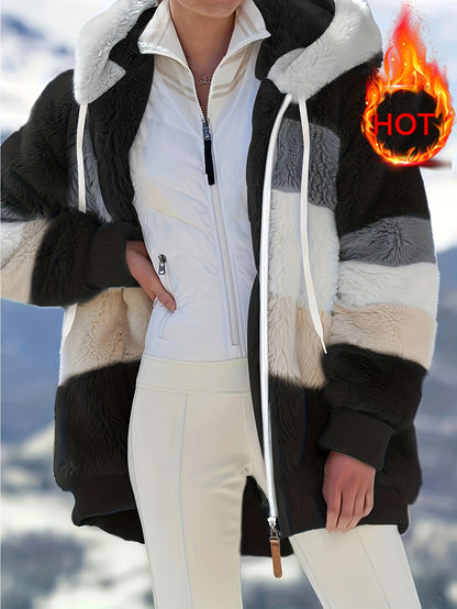 Women's Plush Faux Fur Hooded Jacket - Loose Fit Color Block Coat with Blue/Beige/White/Black Design, Long Sleeve Winter Warmth, Machine Washable for Casual & Formal Outfits, Ladies Winter Coats, Autumn Layering Piece, Formal