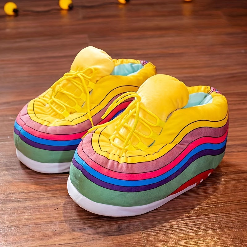 Unisex Cozy Fleece-Lined Slip-On Shoes, Non-Slip Fabric Sole, Warm Home Loafers, Striped Pattern, Fall/Winter Footwear, Over 14 Years, Comfortable Plush Slippers for Men and Women
