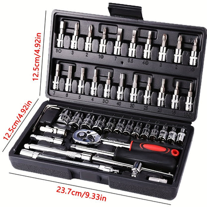46pcs Motorcycle And Car Repair Toolkit: Ratchet Torque Wrench, Wrench, Screwdriver, Socket Set - Perfect For Motorcycle And Car Repairs!