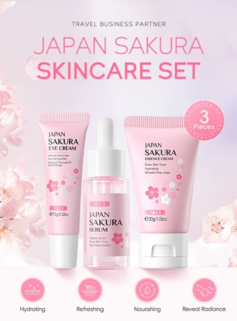 3pcs Set LAIKOU Japanese Cherry Blossom Skin Care Set 3 Piece Serum Liquid Eye Cream Face Cream Skin Care Kit Gifts