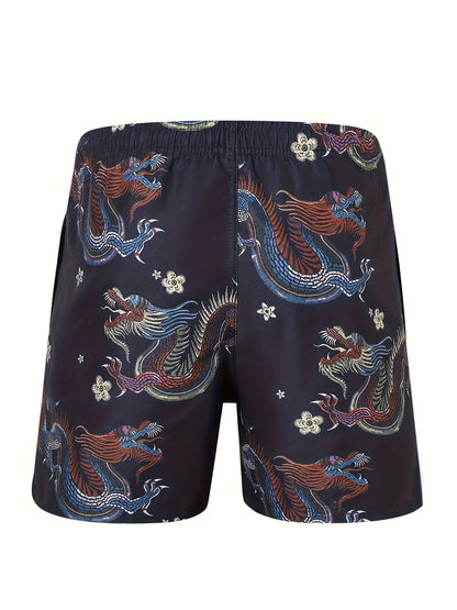 Men's Quick Dry Hawaiian Board Shorts With Pockets, Casual Coconut Tree Graphic Drawstring Swim Trunks For Summer Vacation Beach Pool Outdoor