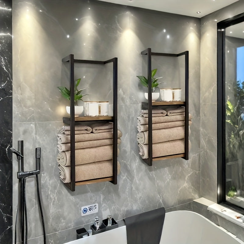 2-Layer Iron Wall-Mounted Towel Rack, French Country Style Bathroom Storage Rack, No Electricity Required, Durable Iron Material